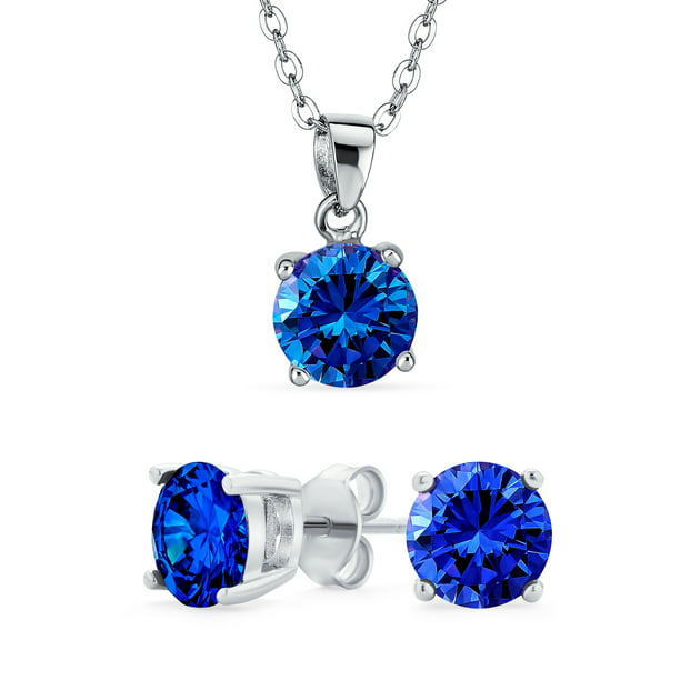 Jewelry Set Pendant Earring Round Simulated Deep Blue Sapphire 925 Sterling Silver 